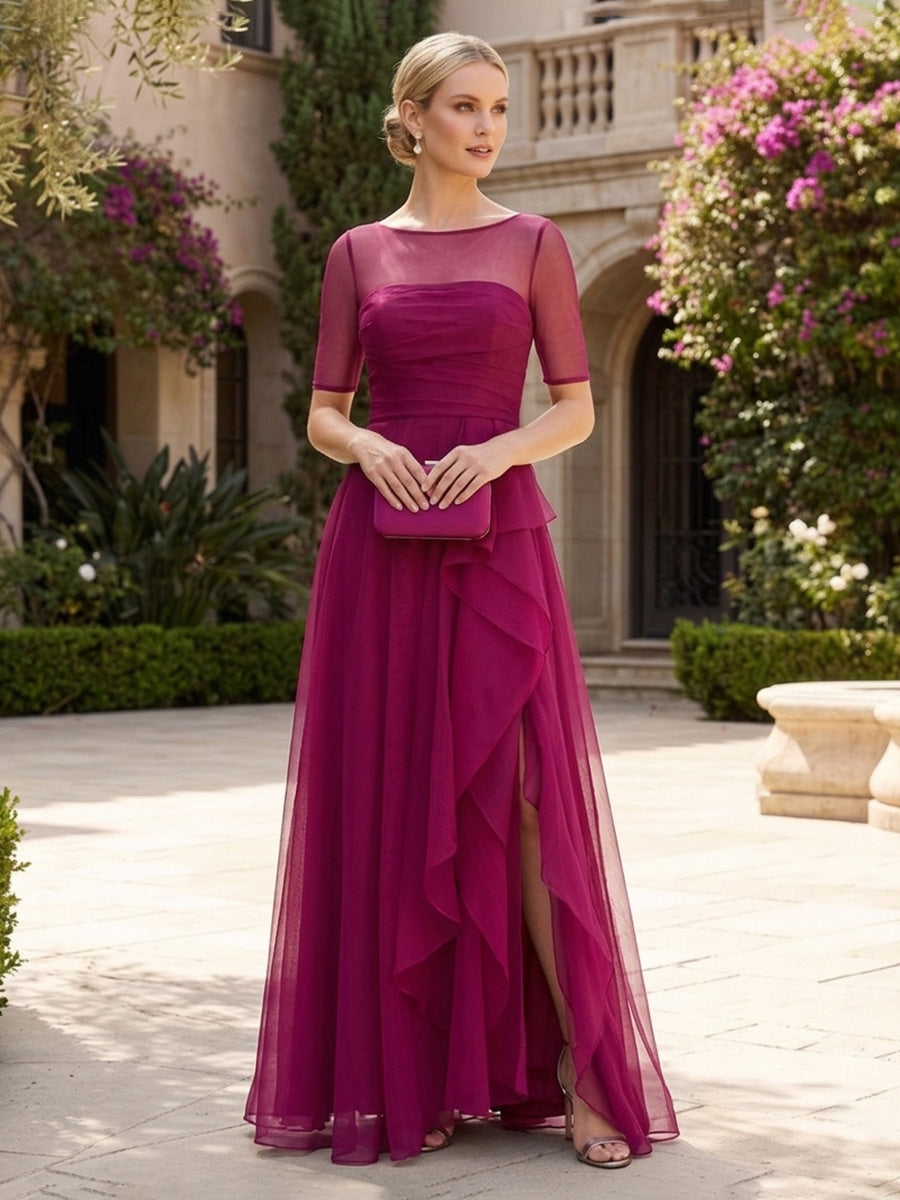 A-Line Pleated Chiffon Short Sleeves Floor-Length Mother of the Bride & Groom Dresses with Slit