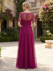 A-Line Pleated Chiffon Short Sleeves Floor-Length Mother of the Bride & Groom Dresses with Slit
