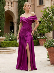 A-Line Pleated Satin Off Shoulder Floor-Length Mother of the Bride & Groom Dresses with Ruched Waist & Slit