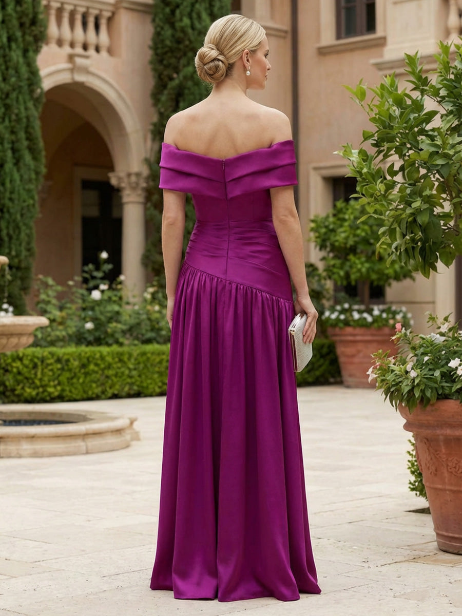 A-Line Pleated Satin Off Shoulder Floor-Length Mother of the Bride & Groom Dresses with Ruched Waist & Slit