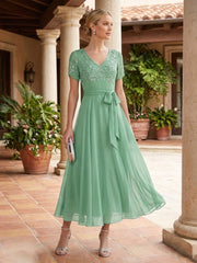 A-Line Chiffon Pleated Midi-Length Mother of the Bride & Groom Dresses with Sequin & Belt