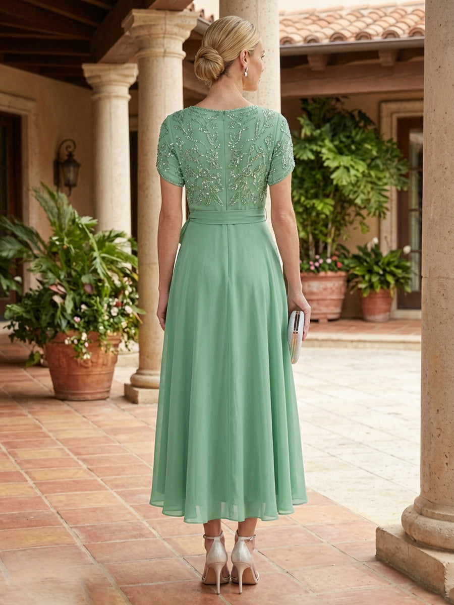 A-Line Chiffon Pleated Midi-Length Mother of the Bride & Groom Dresses with Sequin & Belt