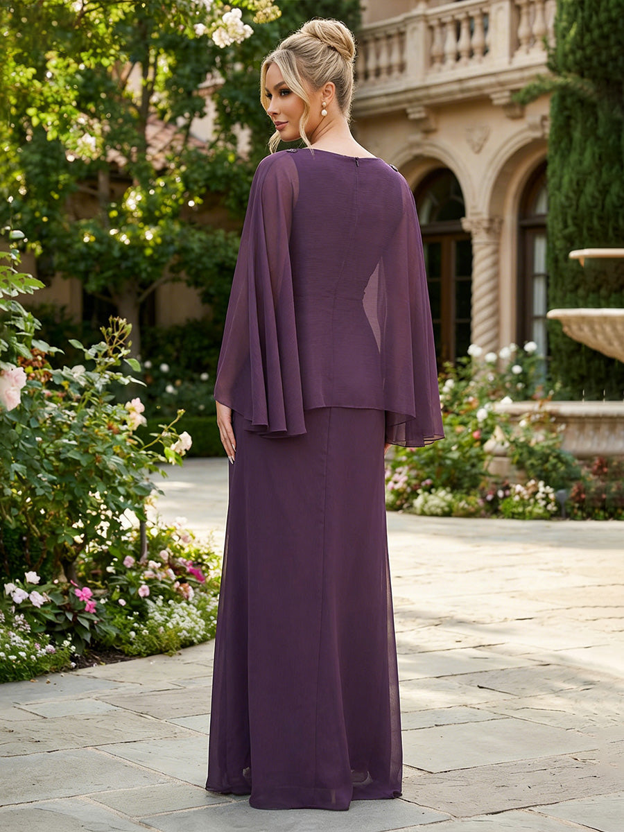 A-Line Chiffon Cape Sleeves Floor-Length Mother of the Bride & Groom Dresses with Ruched Waist