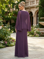 A-Line Chiffon Cape Sleeves Floor-Length Mother of the Bride & Groom Dresses with Ruched Waist