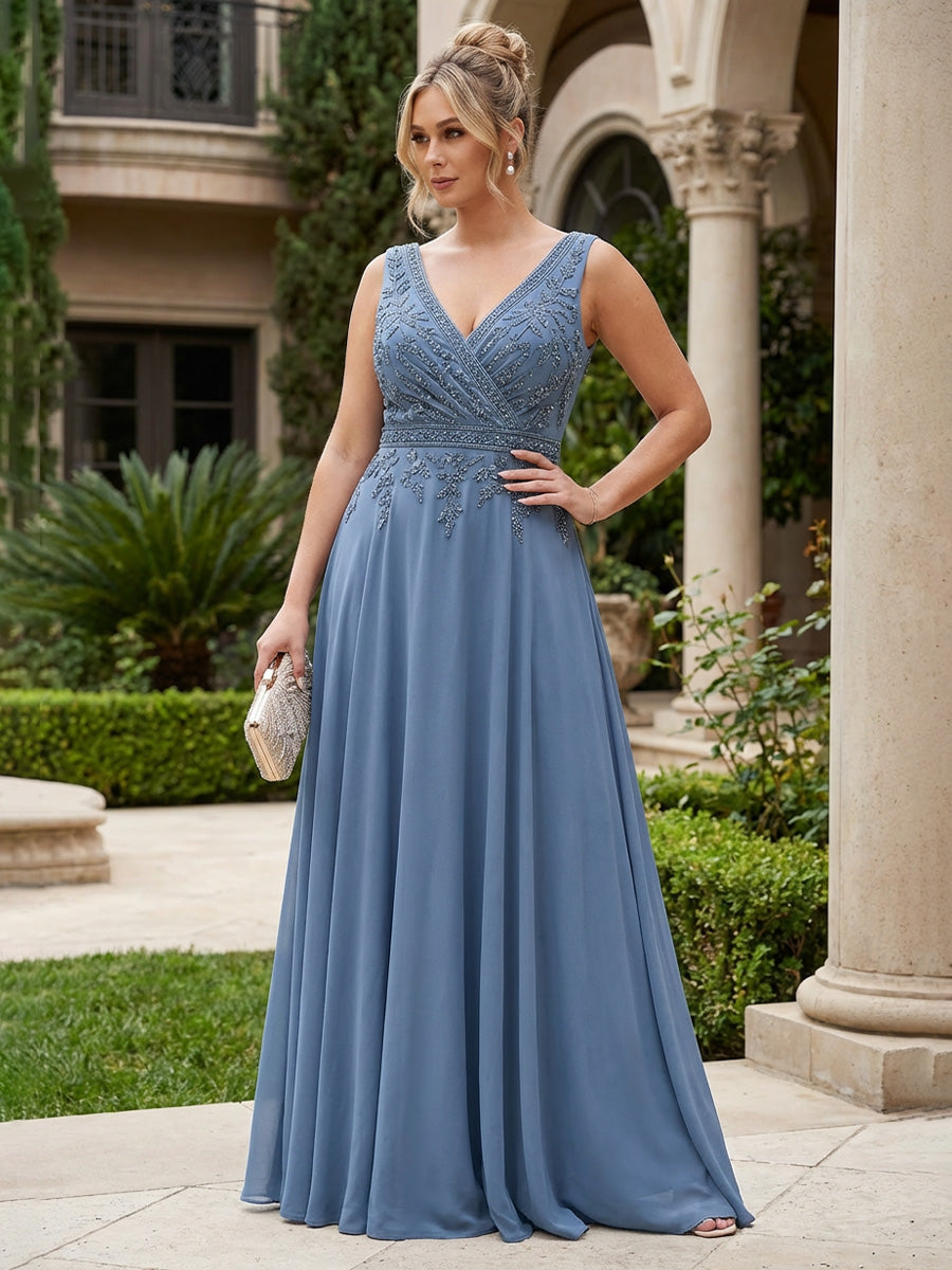 A-Line Chiffon Pleated Floor-Length Mother of the Bride & Groom Dresses with Sequin Bodice & Sweep Train