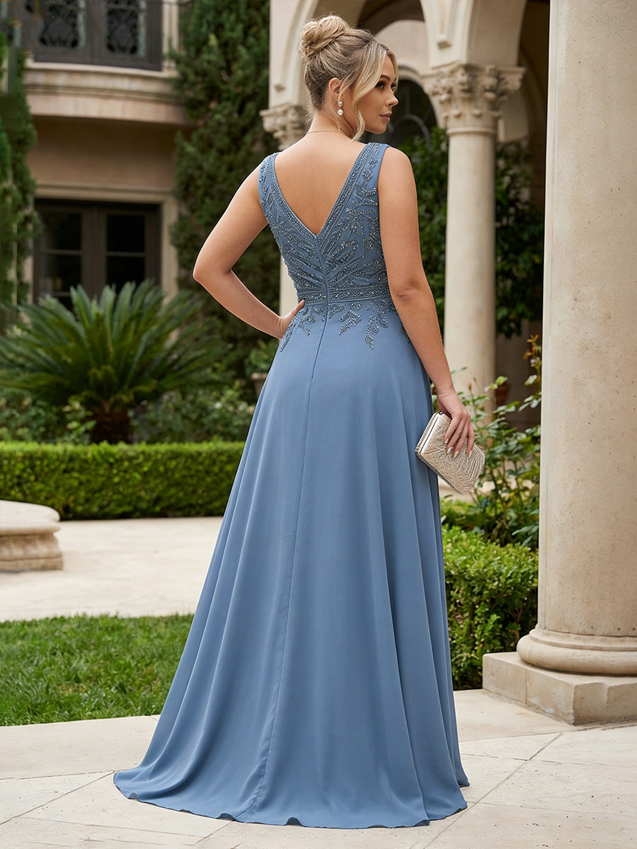 A-Line Chiffon Pleated Floor-Length Mother of the Bride & Groom Dresses with Sequin Bodice & Sweep Train