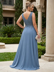 A-Line Chiffon Pleated Floor-Length Mother of the Bride & Groom Dresses with Sequin Bodice & Sweep Train