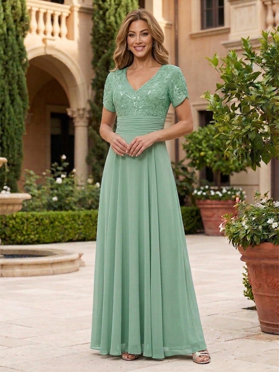 A-Line Pleated Chiffon Maxi Mother of the Bride & Groom Dresses with Sequin Bodice