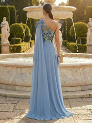 A-Line Pleated Chiffon One Shoulder Floor-Length Mother of the Bride Dresses with Cape Drape & Floral Appliques Bodice