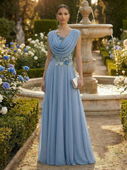 A-Line Pleated Chiffon Mother of the Bride Dresses with Draped Cowl Neck & Floral Appliques Bodice