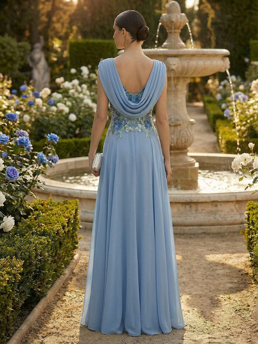 A-Line Pleated Chiffon Mother of the Bride Dresses with Draped Cowl Neck & Floral Appliques Bodice