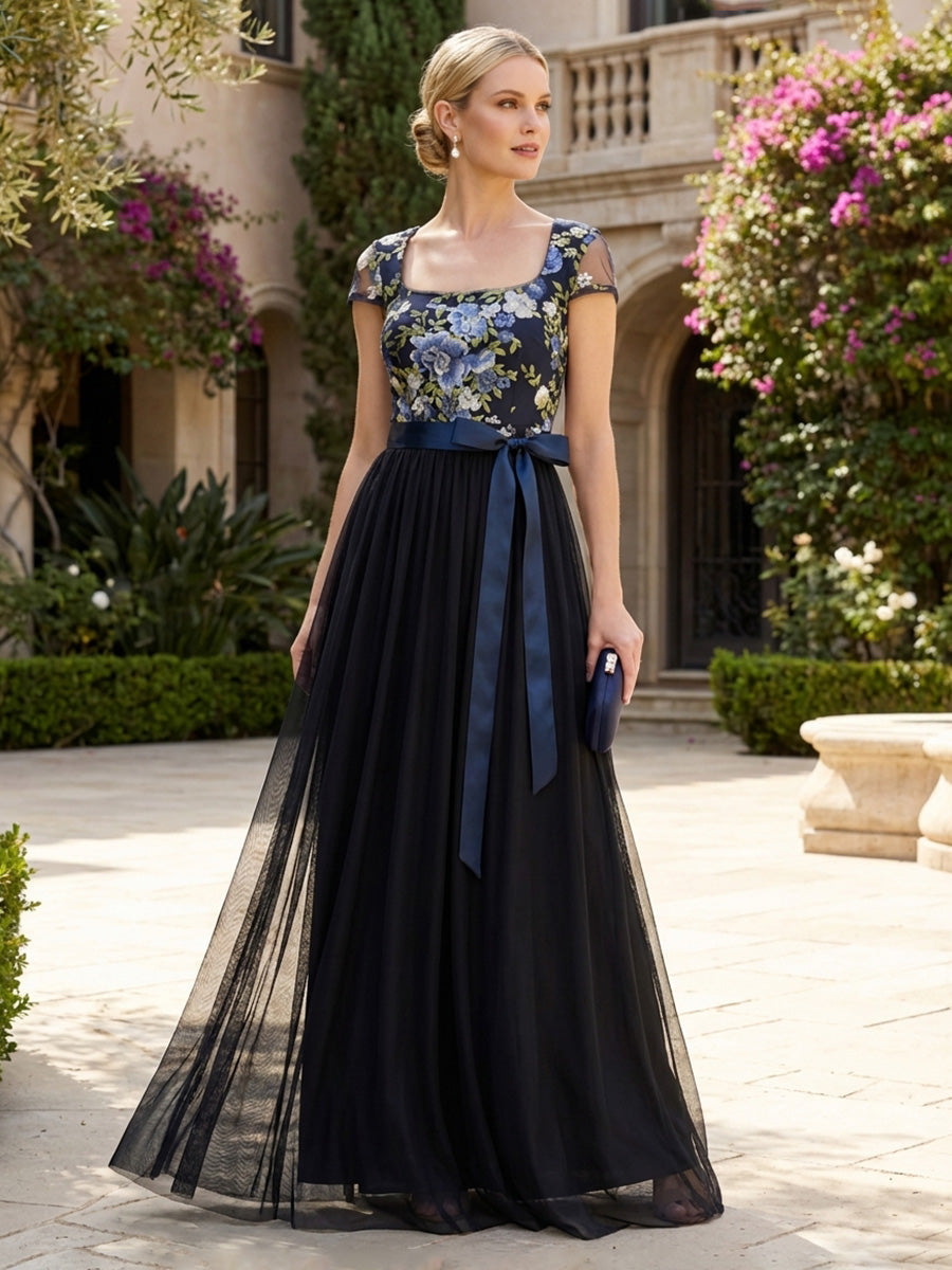 A-Line Tulle Mother of the Bride & Groom Dresses with Floral Bodice & Belt