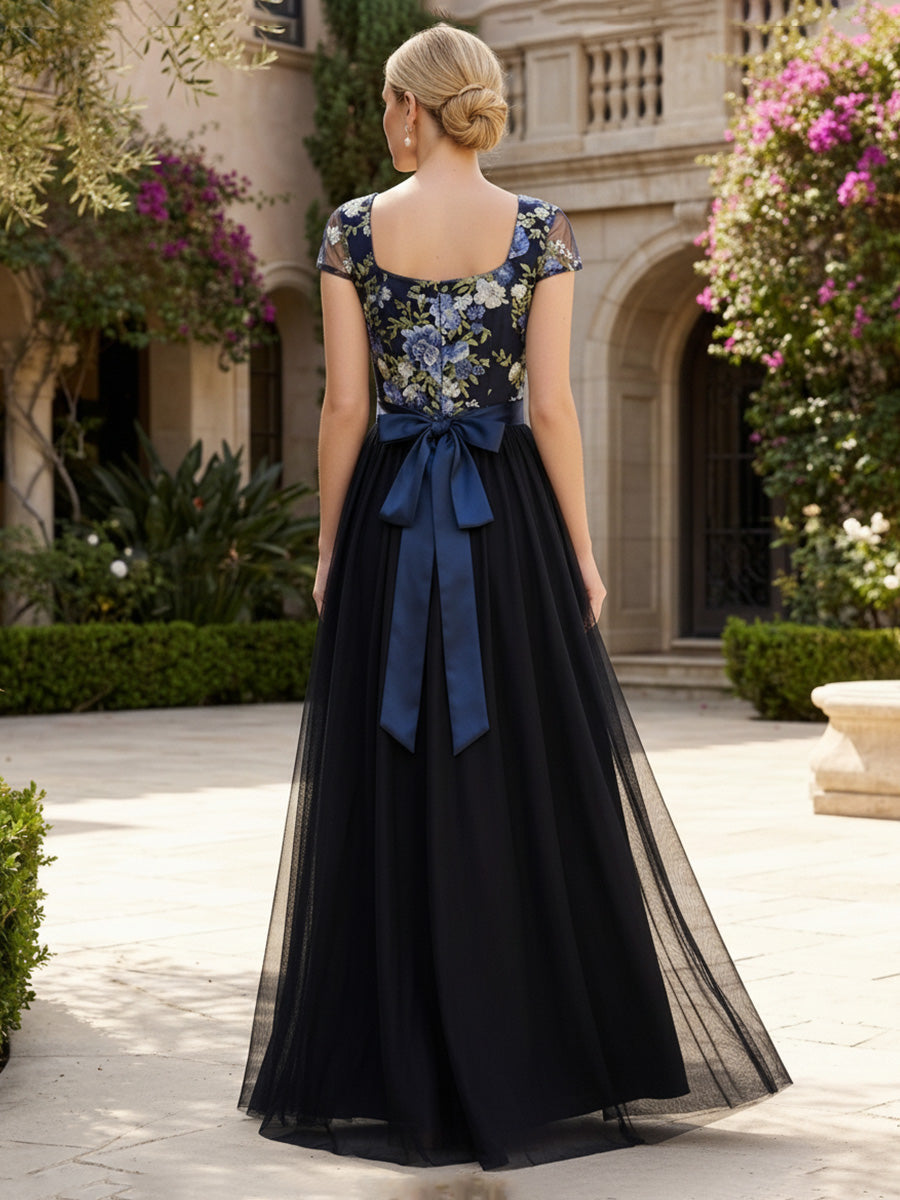 A-Line Tulle Mother of the Bride & Groom Dresses with Floral Bodice & Belt