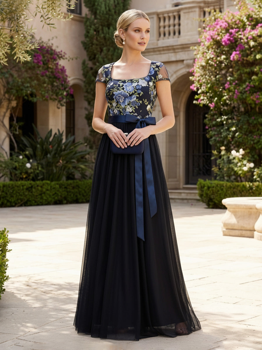 A-Line Tulle Mother of the Bride & Groom Dresses with Floral Bodice & Belt