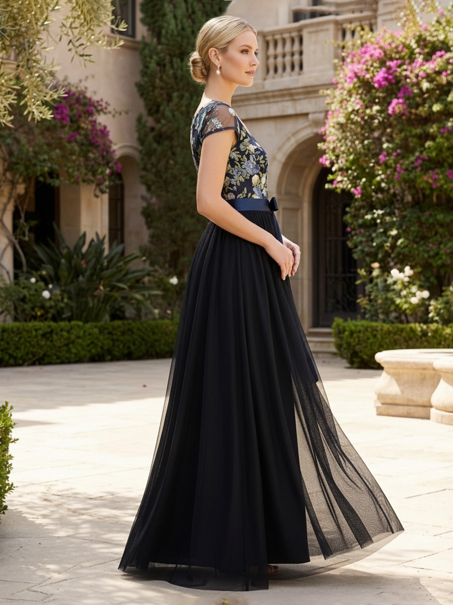 A-Line Tulle Mother of the Bride & Groom Dresses with Floral Bodice & Belt