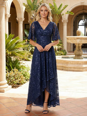 A-Line Floral Sequin Short Sleeves Mother of the Bride & Groom Dresses