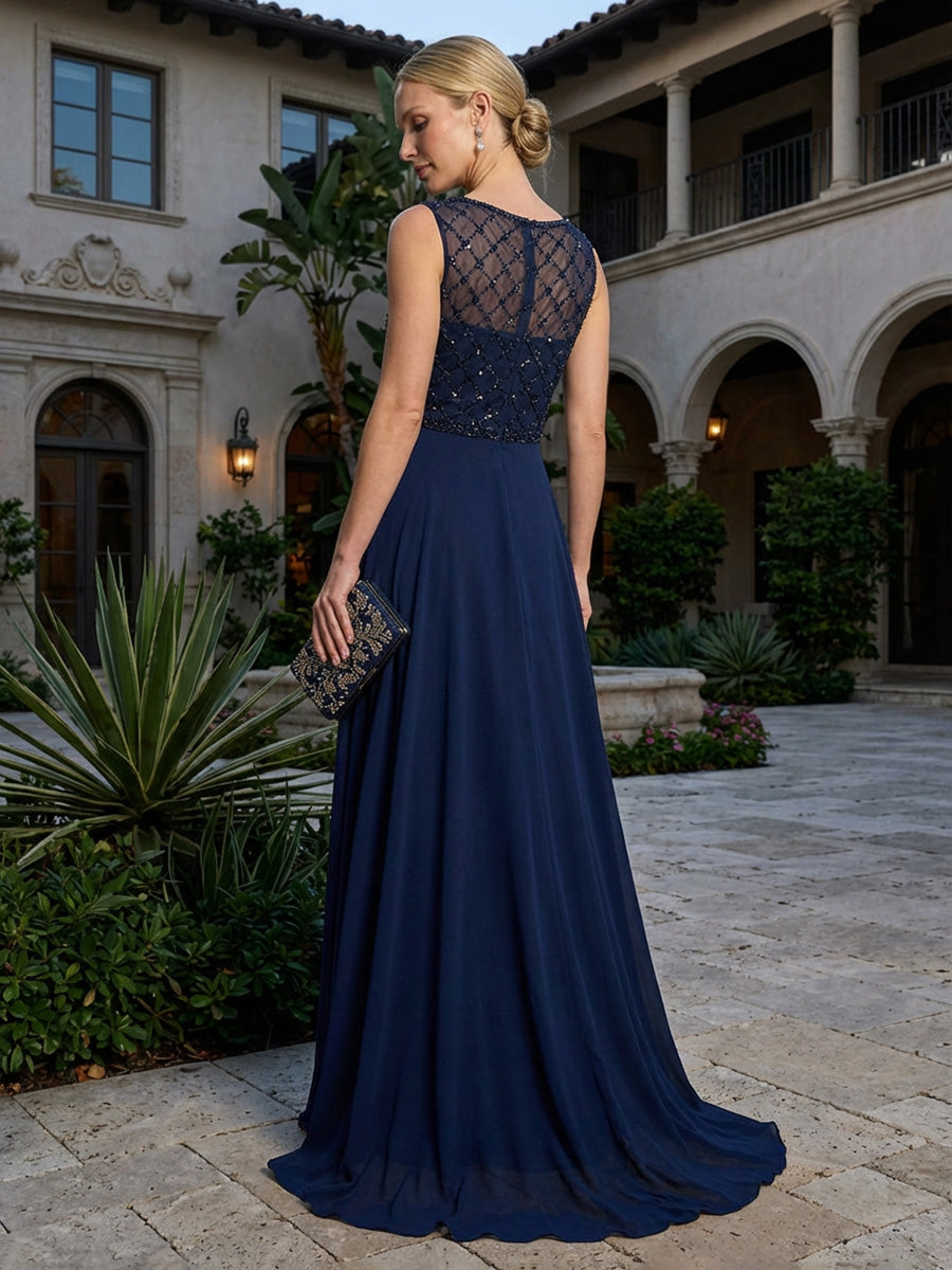 A-Line Pleated Chiffon Mother of the Bride Dresses with Sparkling Beaded Bodice
