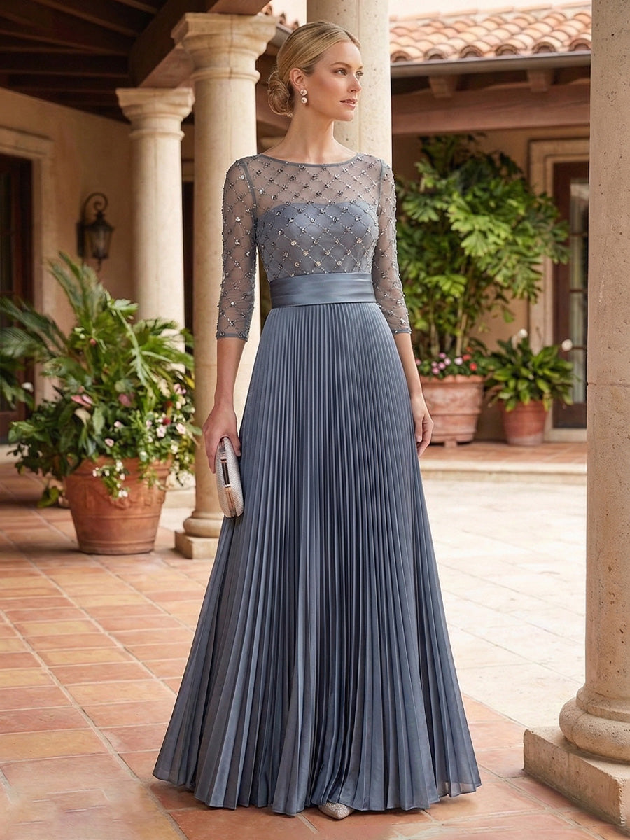 A-Line Chiffon Pleated 3/4 Sleeves Maxi Mother of the Bride & Groom Dresses with Sequin Beaded Bodice