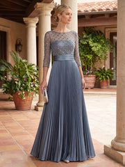 A-Line Chiffon Pleated 3/4 Sleeves Maxi Mother of the Bride & Groom Dresses with Sequin Beaded Bodice