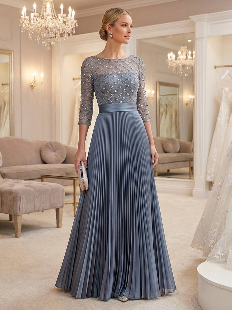 A-Line Chiffon Pleated 3/4 Sleeves Maxi Mother of the Bride & Groom Dresses with Sequin Beaded Bodice