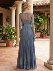 A-Line Chiffon Pleated 3/4 Sleeves Maxi Mother of the Bride & Groom Dresses with Sequin Beaded Bodice