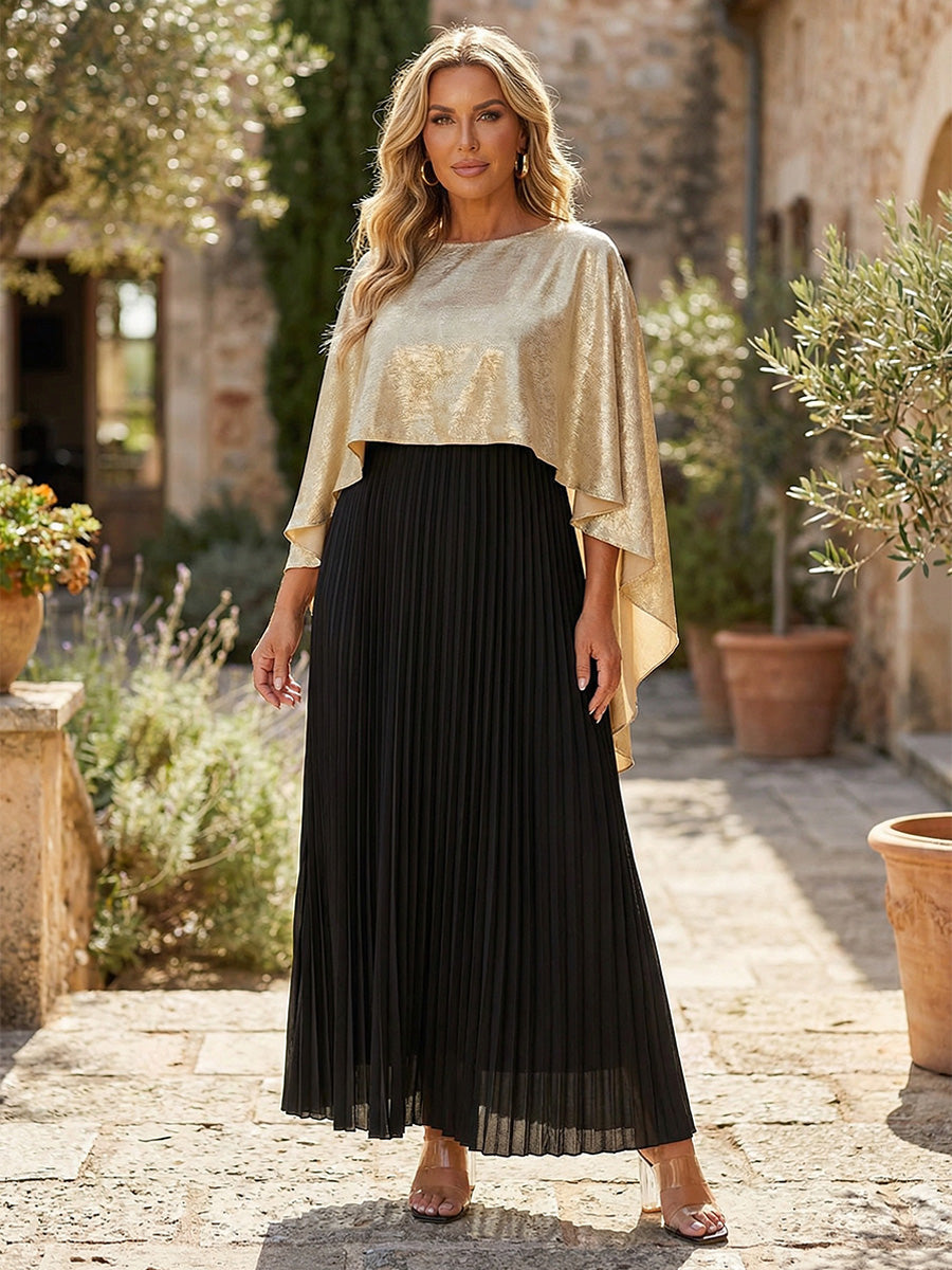 A-Line Chiffon Pleated Maxi Mother of the Bride & Groom Dresses with Cape Sleeves