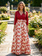 A-Line Jacquard 3/4 Sleeves Maxi Mother of the Bride & Groom Dresses with Satin Bodice