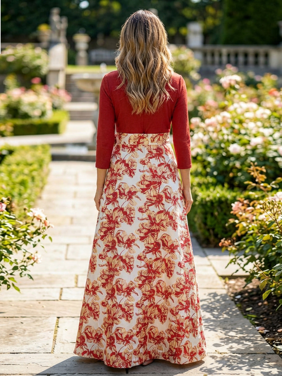 A-Line Jacquard 3/4 Sleeves Maxi Mother of the Bride & Groom Dresses with Satin Bodice