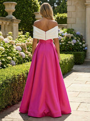 A-Line Satin Off Shoulder Maxi Mother of the Bride & Groom Dresses with Ruched Waist