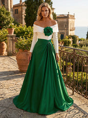 A-Line Satin Off Shoulder Long Sleeves Maxi Mother of the Bride & Groom Dresses with 3D Flower