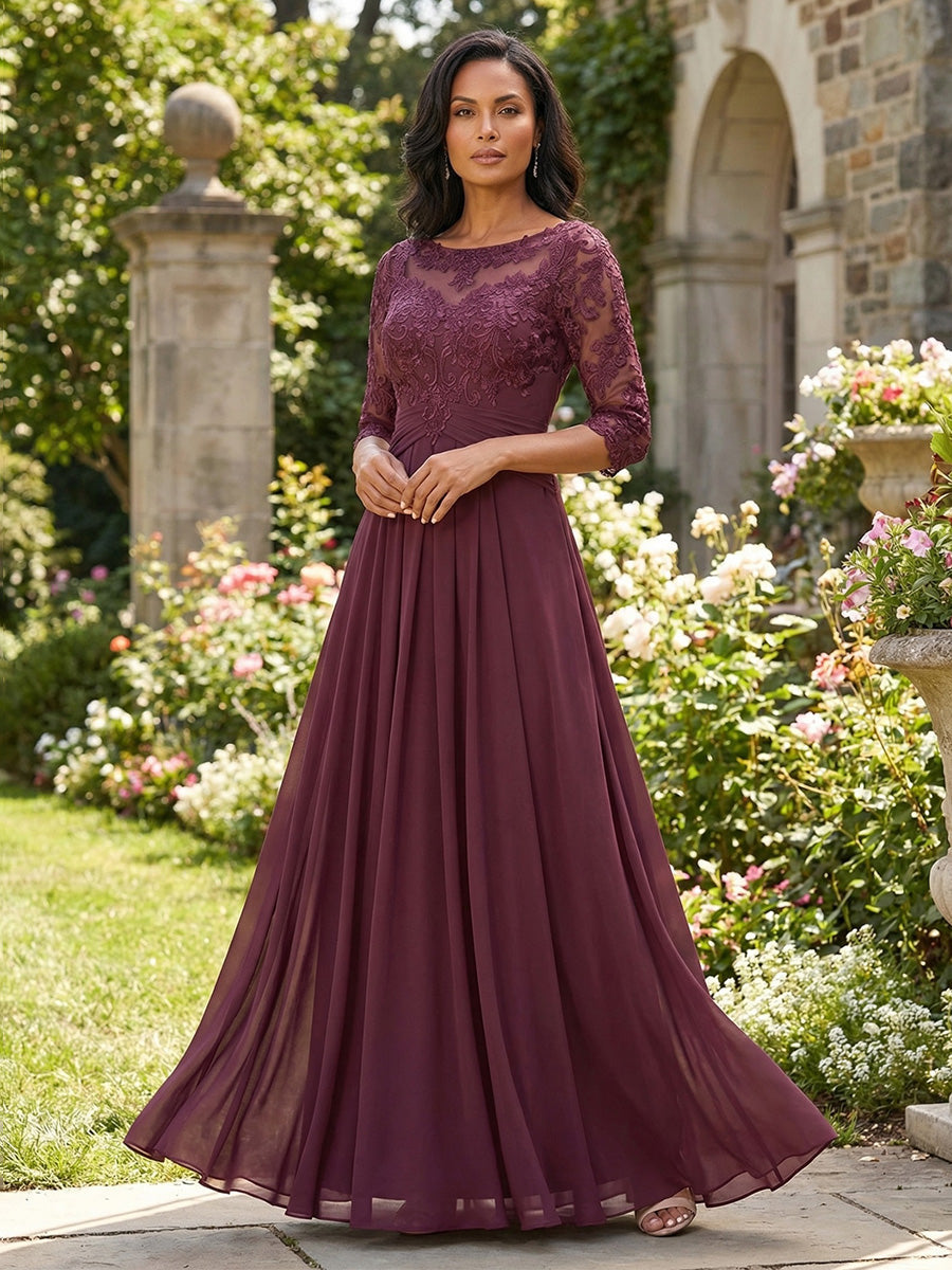 A-Line Pleated Chiffon 3/4 Sleeves Maxi Mother of the Bride & Groom Dresses with Appliques