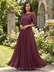 A-Line Pleated Chiffon 3/4 Sleeves Maxi Mother of the Bride & Groom Dresses with Appliques