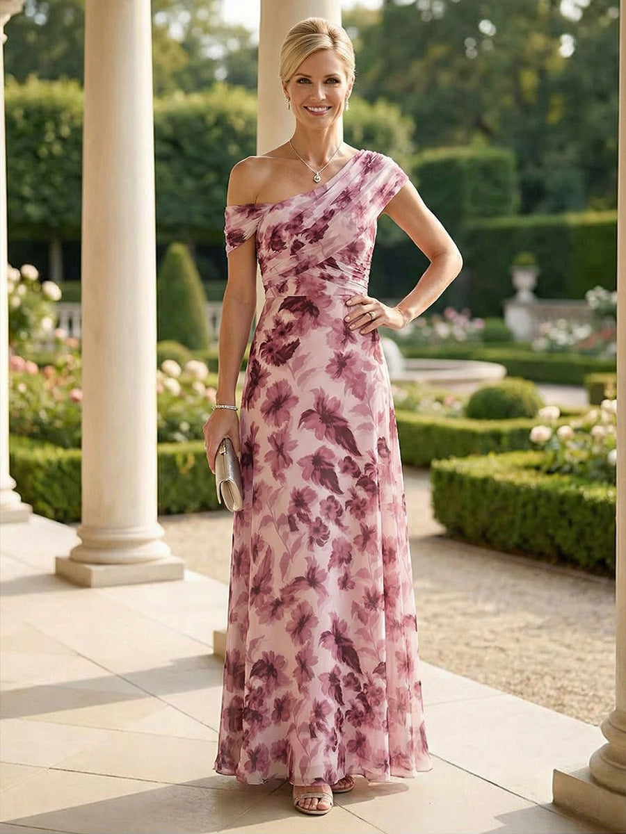 A-Line Chiffon Floral Print Off Shoulder Maxi Mother of the Bride & Groom Dresses