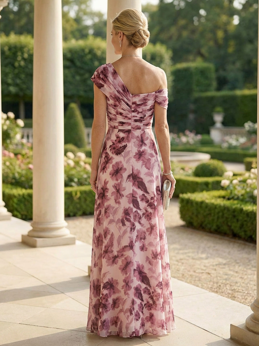 A-Line Chiffon Floral Print Off Shoulder Maxi Mother of the Bride & Groom Dresses