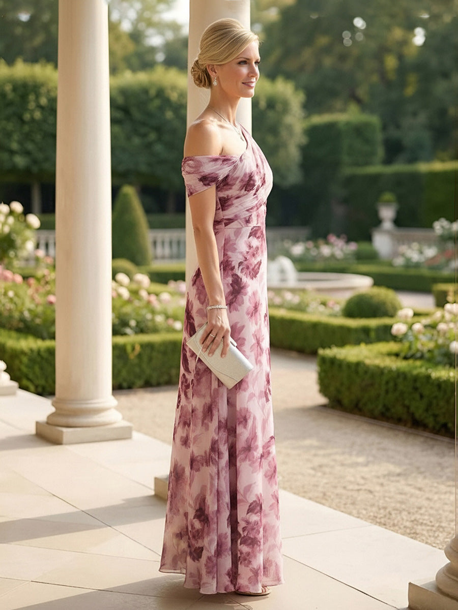 A-Line Chiffon Floral Print Off Shoulder Maxi Mother of the Bride & Groom Dresses