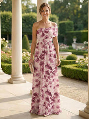 A-Line Chiffon One Shoulder Floral Print Maxi Mother of the Bride & Groom Dresses with Ruched Waist