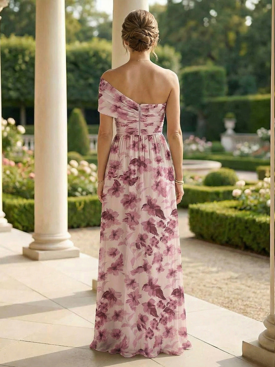 A-Line Chiffon One Shoulder Floral Print Maxi Mother of the Bride & Groom Dresses with Ruched Waist