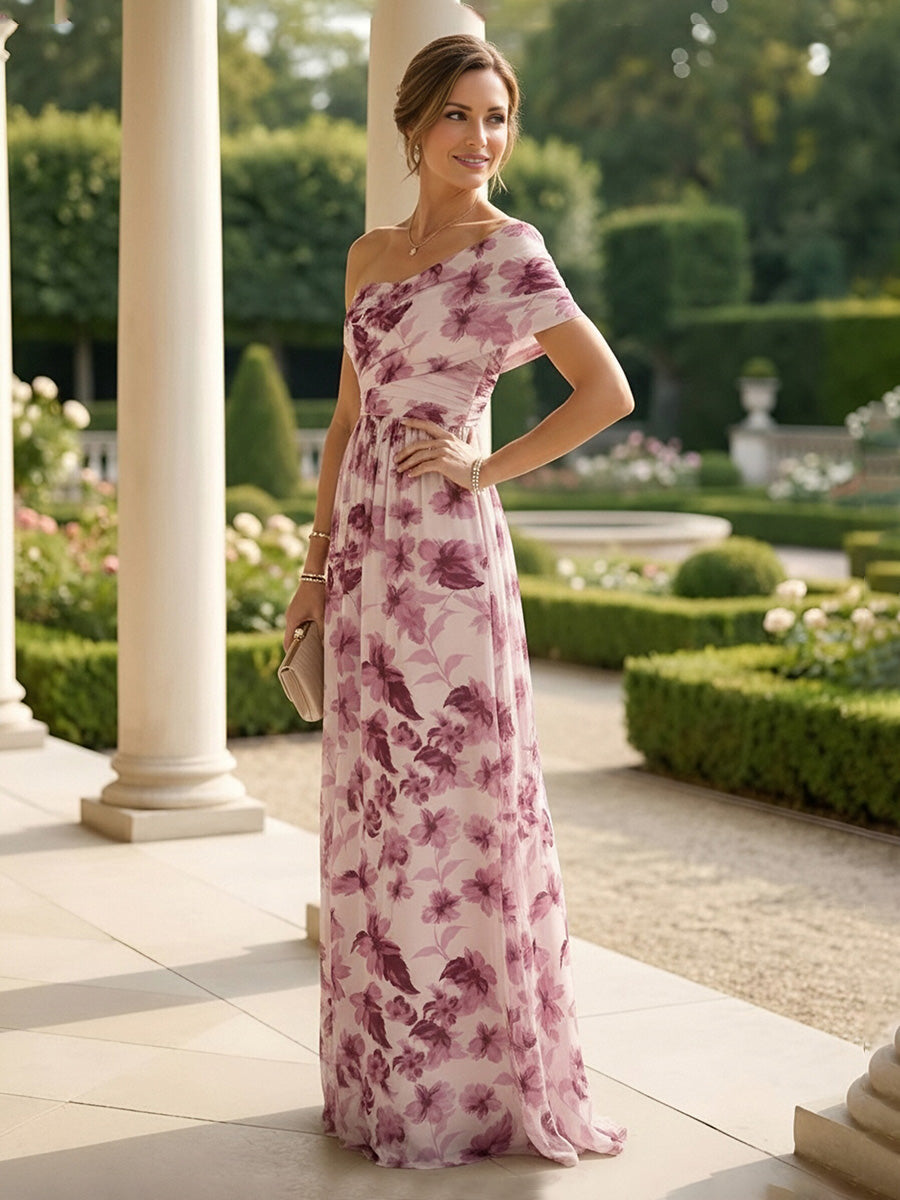 A-Line Chiffon One Shoulder Floral Print Maxi Mother of the Bride & Groom Dresses with Ruched Waist
