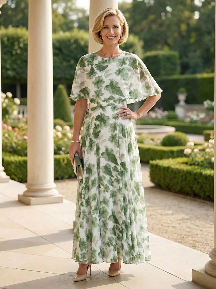 A-Line Pleated Chiffon Floral Print Cape Sleeves Maxi Mother of the Bride & Groom Dresses