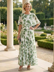 A-Line Pleated Chiffon Floral Print Cape Sleeves Maxi Mother of the Bride & Groom Dresses