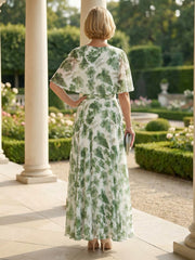 A-Line Pleated Chiffon Floral Print Cape Sleeves Maxi Mother of the Bride & Groom Dresses