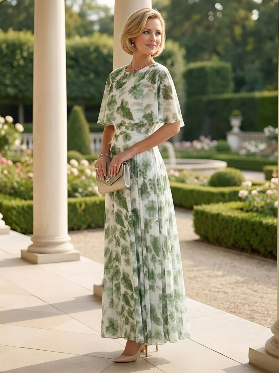 A-Line Pleated Chiffon Floral Print Cape Sleeves Maxi Mother of the Bride & Groom Dresses
