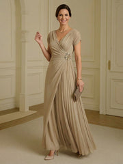 A-Line Pleated Chiffon Short Sleeves Maxi Mother of the Bride & Groom Dresses