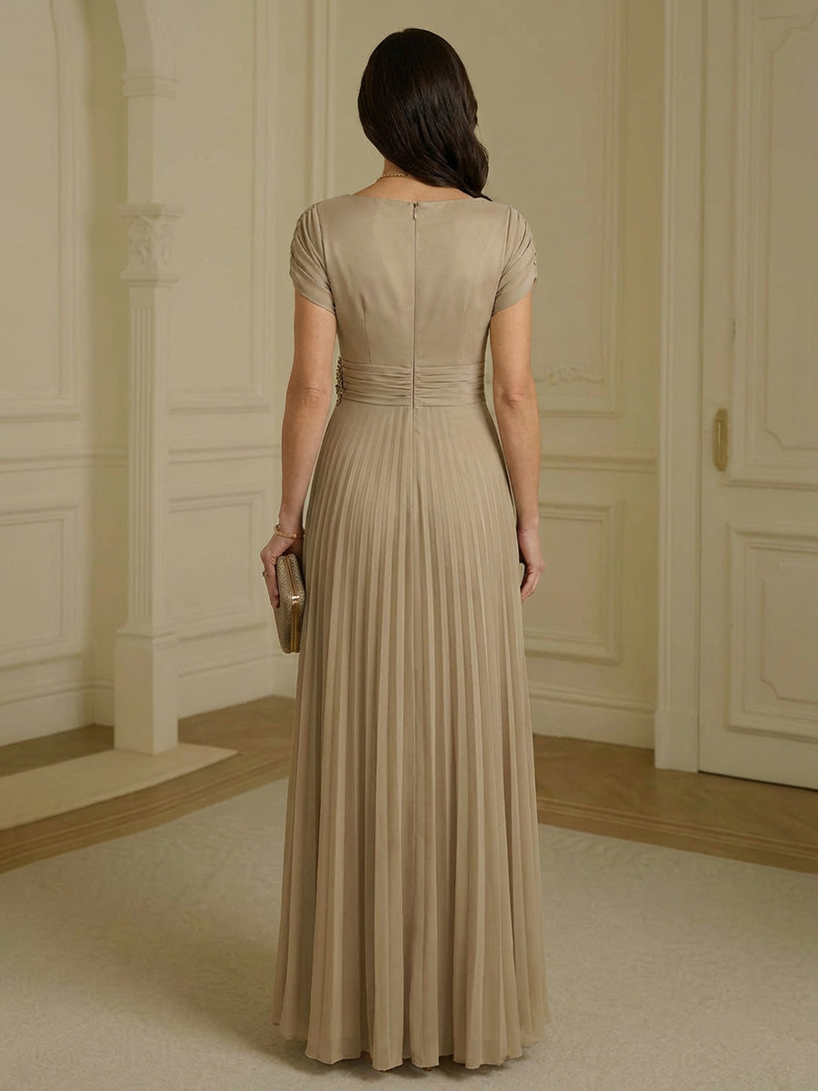 A-Line Pleated Chiffon Short Sleeves Maxi Mother of the Bride & Groom Dresses
