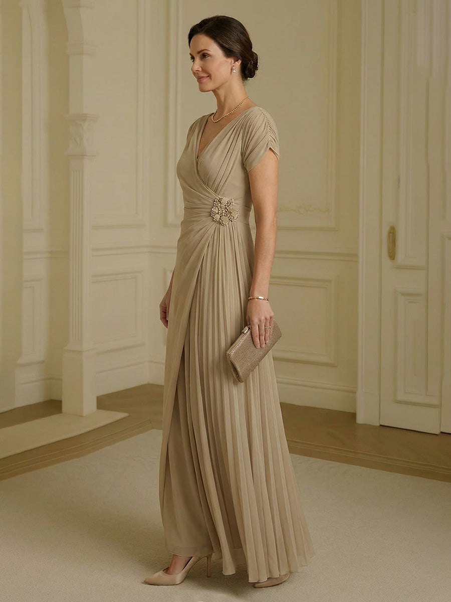 A-Line Pleated Chiffon Short Sleeves Maxi Mother of the Bride & Groom Dresses