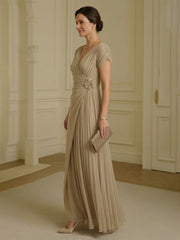 A-Line Pleated Chiffon Short Sleeves Maxi Mother of the Bride & Groom Dresses