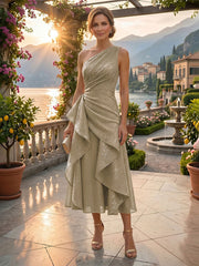 A-Line/Princess One Shoulder Tea-Length Mother of the Bride & Groom Dresses with Ruffles & Ruched Waist