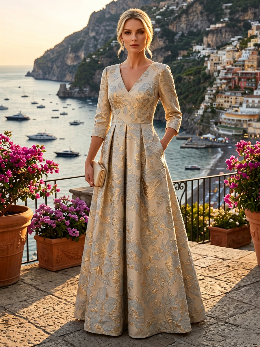 A-Line/Princess Jacquard V-Neck Floor-Length 3/4 Sleeves Mother of the Bride & Groom Dresses with Ruched Waist & Pockets