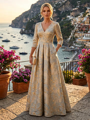 A-Line/Princess Jacquard V-Neck Floor-Length 3/4 Sleeves Mother of the Bride & Groom Dresses with Ruched Waist & Pockets