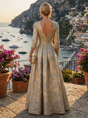 A-Line/Princess Jacquard V-Neck Floor-Length 3/4 Sleeves Mother of the Bride & Groom Dresses with Ruched Waist & Pockets